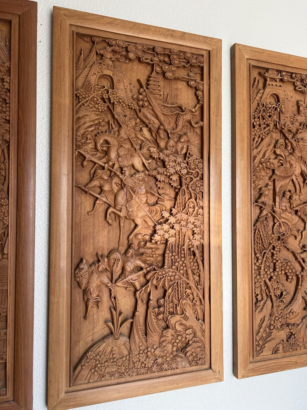 Set Of 4 Vintage Chinese Hand-Carved Wood Wall Panels