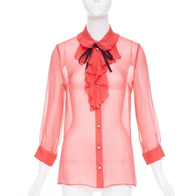 GUCCI coral red sheer chiffon GG pearl black pussybow ruffle blouse IT42 M