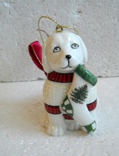 SPODE Christmas Ornament Puppy Dog with Stocking Wearing a Sweater