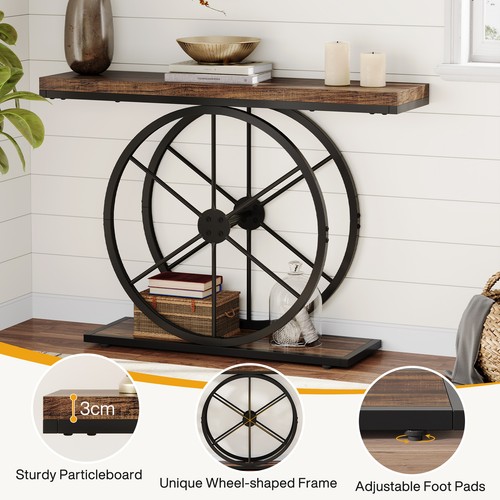 100''Console Table with Sturdy Wheel-Shaped Frame, Industrial Narrow Sofa Table - Picture 3 of 9