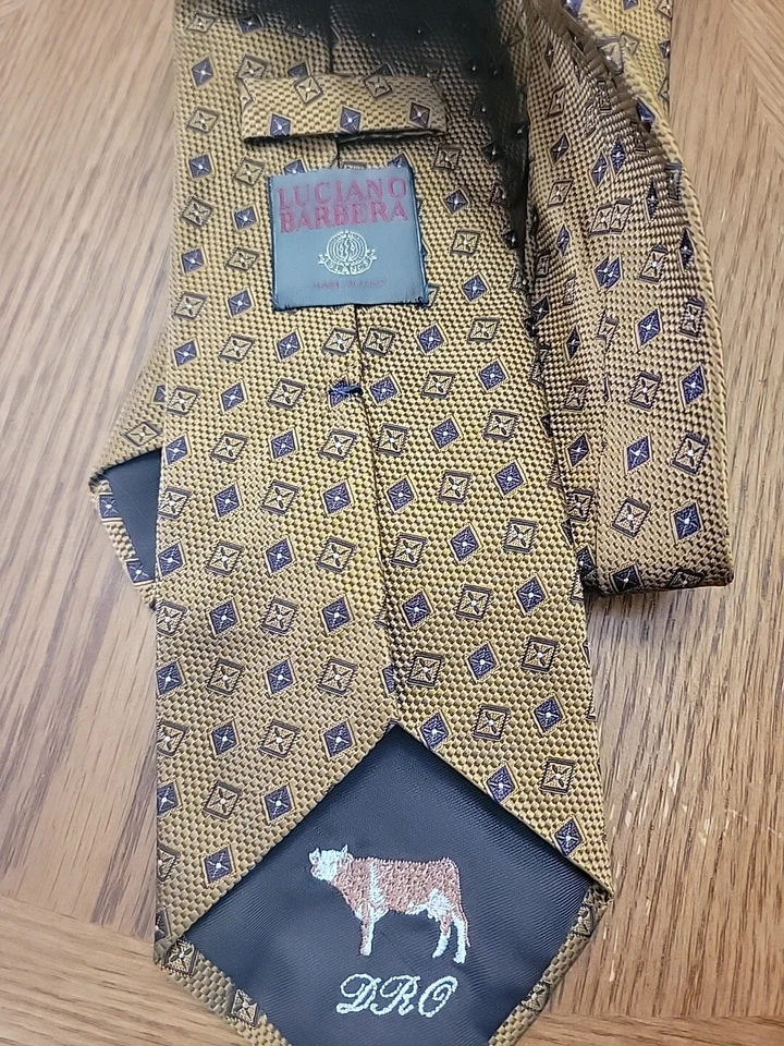 Corbata de lujo bordada con vaca LUCIANO BARBERA geométrica dorada 100 % seda para hombre Foto 3 de 3