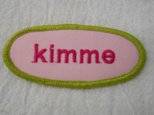 KIMME  USED EMBROIDERED  SEW ON NAME PATCH TAG OVAL OLIVE WITH PINK ON PINK - Afbeelding 1 van 1