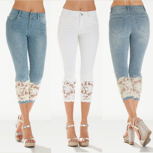 Women Lace Skinny Capri Denim Pants 