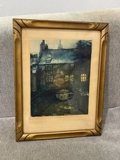 Antique Signed Color Etching Print Dyver A Bruges Artist Belgium