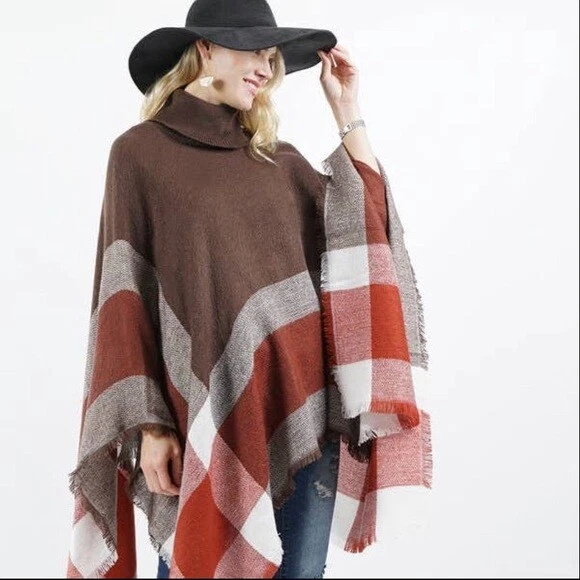 Women's Plaid Turtleneck Sweater Poncho Mocha/Red One Size Fits All New!!