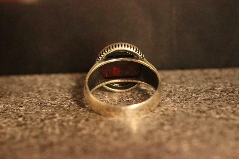 Handmade Vintage Round Shape Deep Red Ruby In 935 Real Silver Solitaire Men Ring - Image 4 of 4