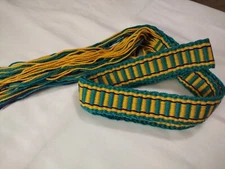 Item 165:  Powder Horn Strap belt Green, Gold Bars cotton 1"X29" long 