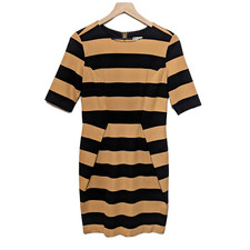 Fossil Dress Womens S Tan Black Rugby Striped Short Sleeve Sheath Zip Preppy