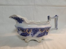 ANTIQUE FLOW BLUE GRINDLEY STAFFORDSHIRE ARGYLE PATTERN GRAVY BOAT