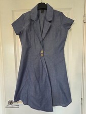 SMART BLUE CHAMBRAY DENIM 2 BUTTON COLLARED V-NECK SHORT SLEEVE SHIFT TEA DRESS