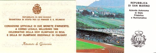 SAN MARINO. 1988 OLIMPIADI DI CALGARY E DI SEUL: DITTICO LIRE 500 E 1000 ARGENTO - Foto 7 di 9