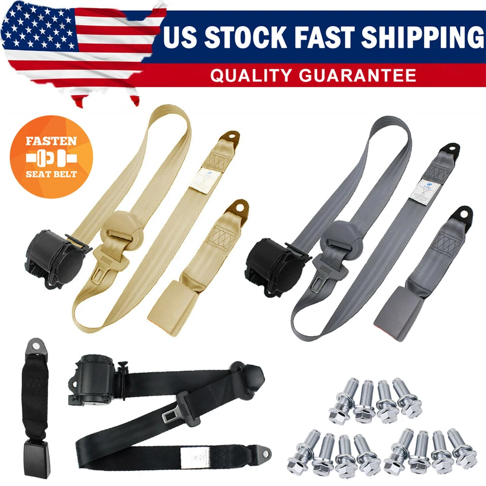 1/2Set Black Car Adjustable Retractable 3 Point Safety Seat Belt Straps Assembly - Image 2 of 4