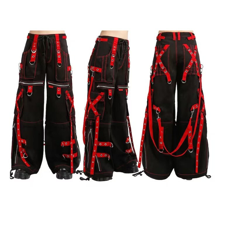 7POCKET BONDAGE裾ZIPPER付きPANTS Gothic Black Bondage Pants with Red Strap Punk Rock Buckle