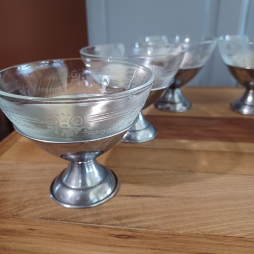 Vtg 1930's Depression Etched Glass Set of 6 Ice Cream Dessert Dishes Silver - Picture 2 of 18