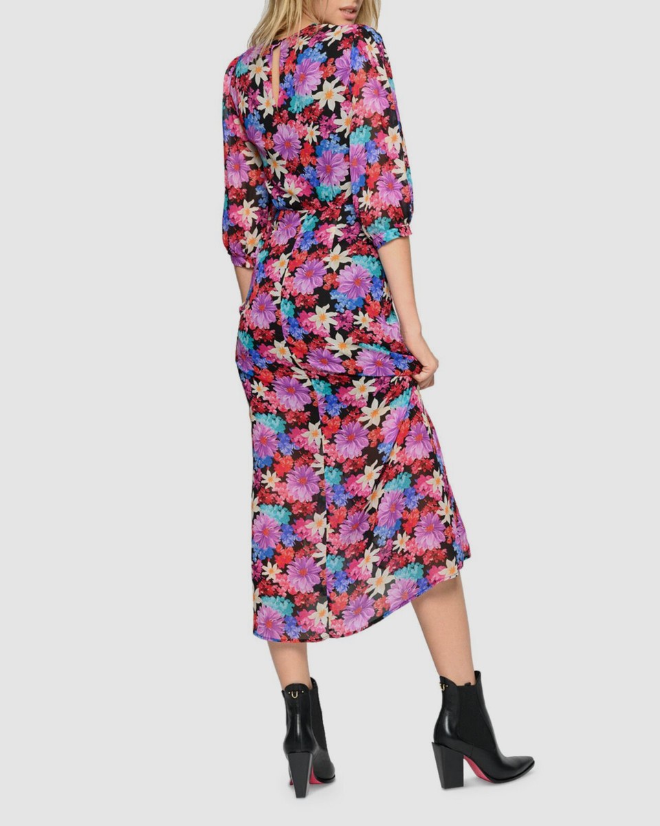 $879 Pinko Womens Pink Floral Crew Neck Short Sleeve Midi