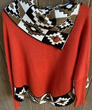 Alpaca Peru Orange Cape Poncho Cowl Neck Hand Knit Aztec Design