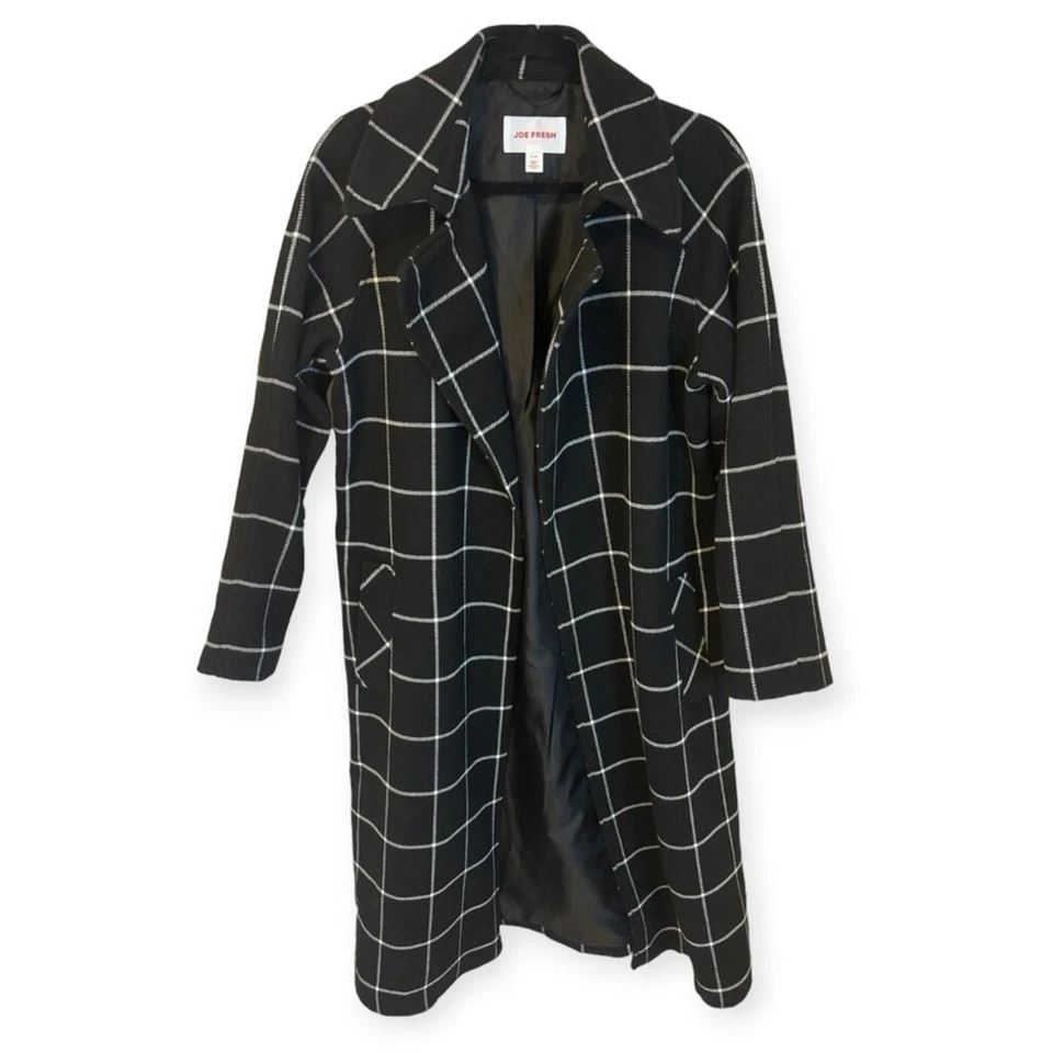 Abrigo Chaqueta Joe Fresh Blanco y Negro a Cuadros Frente Abierto Largo De Gran Tamaño Talla Pequeña Foto 2 de 4