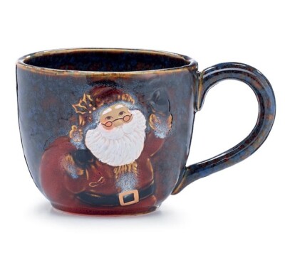 Blue & Brown Porcelain Santa With Bag On Marbleized Soup Mug Kitchen Collection