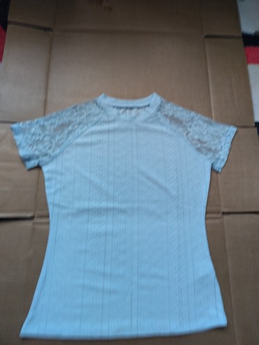Girls Women Sky Blue Top Blouse With Mesh Shoulders Round Neck M/S - Picture 2 of 8