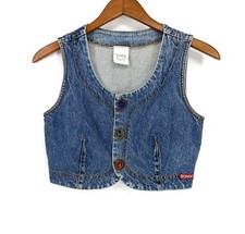 Vtg 90s Crop Denim Vest Top XS Bongo Montesano Blue Jewel Button Rodeo Festival