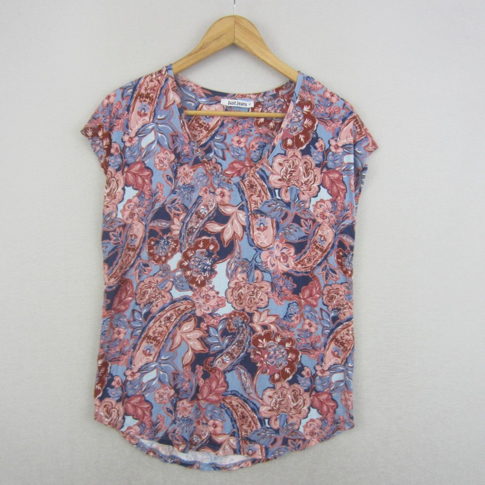 Just Jeans Top Womens Medium Blue Pink Floral Paisley Viscose Cap Sleeve Tee