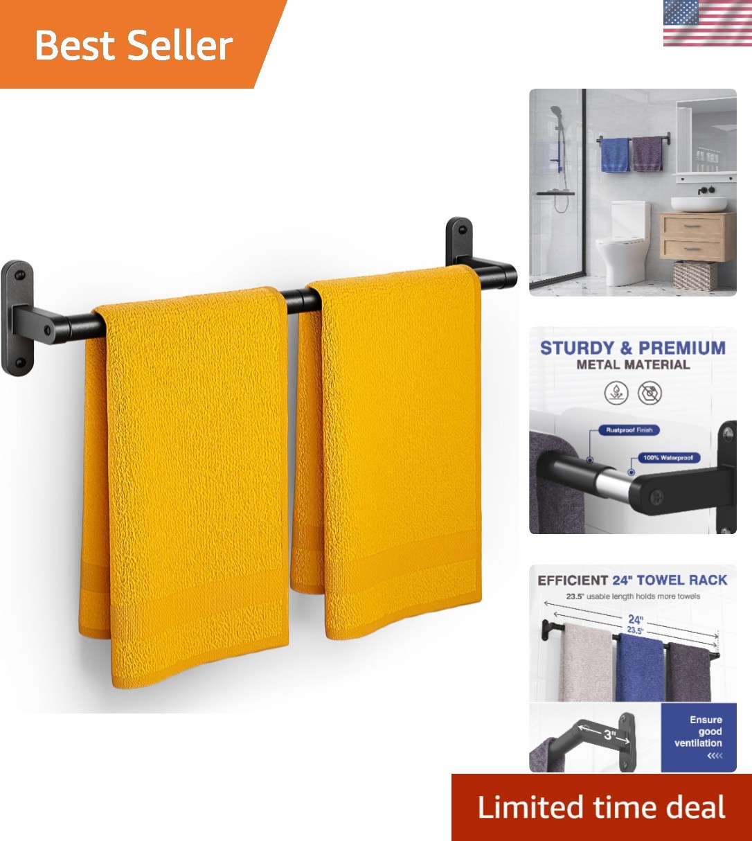 Rack For Bathroom - 24" Rustproof Towel Holder, Sturdy Towe...