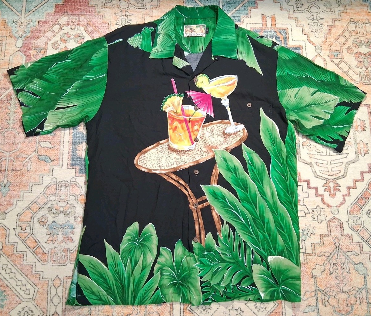 ​Tori Richard Shirt Mens L Black Cocktail Patio Table Palm Leaf Vintage Hawaiian