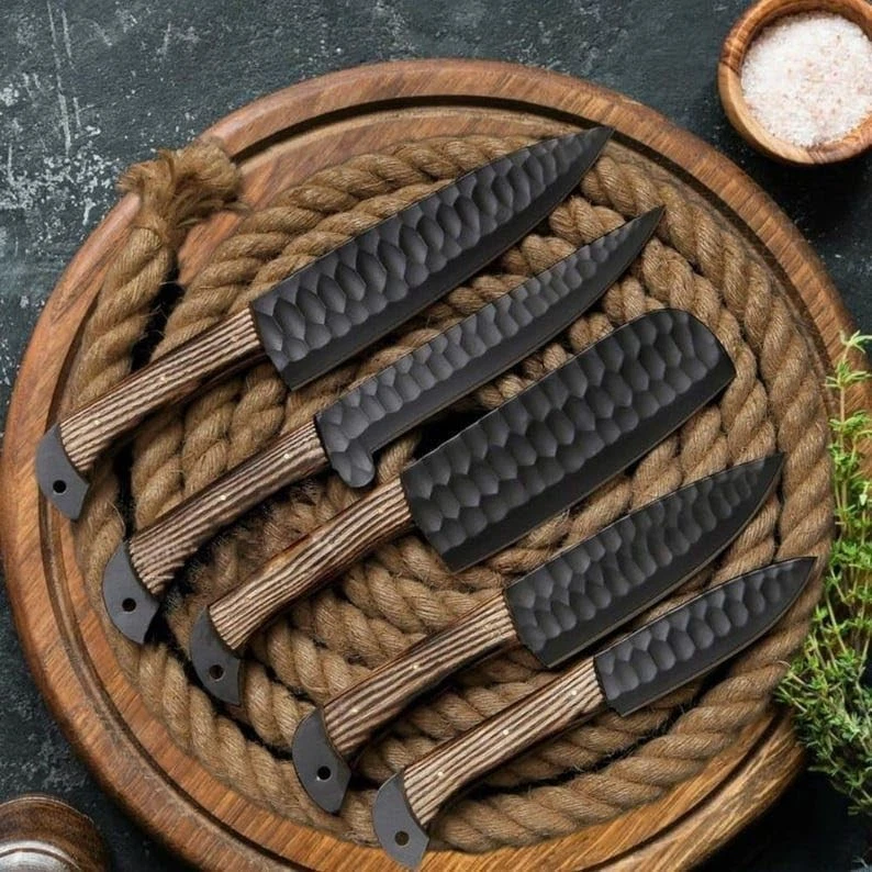Custom Handmade D-2 Steel Ash Wood Powder Coated Chef Kitchen Knives Set W/ Case