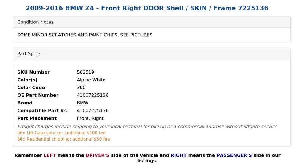 2009-2016 BMW Z4 - Front Right DOOR Shell / SKIN / Frame 7225136 - Image 4 of 4