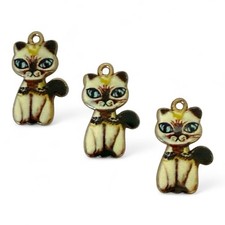 10 Siamese Cat Charms 23x14mm Cream Enamel Kitty Pendants Steel Alloy Bead Drops