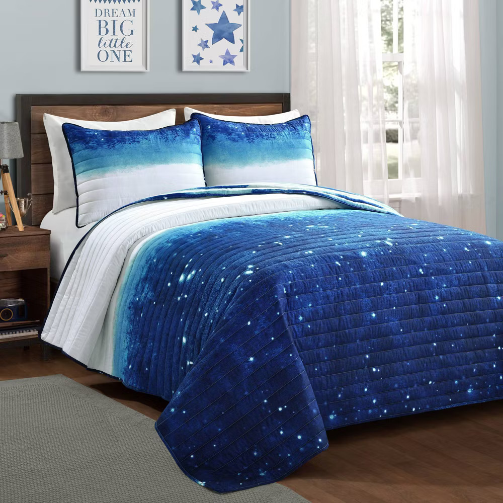 2pc Twin Make A Wish Space Star Ombre Quilt Set Navy -
