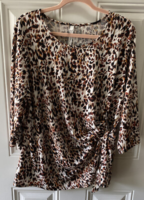 NY Collection 2X Pullover Animal Print Side Tie womens Top Stretch