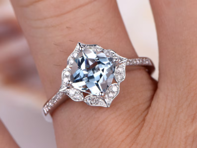 Art Deco Cushion Cut Natural Aquamarine 925 Sterling Silver