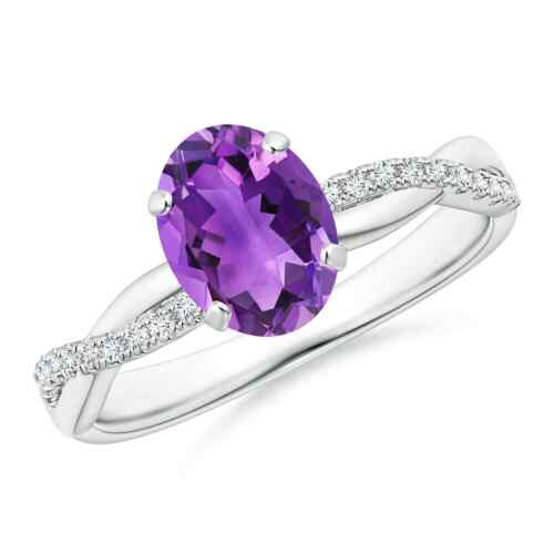 ANGARA Oval Amethyst Twist Shank Ring with Diamonds for Women in 14K Solid Gold - Picture 1 of 21