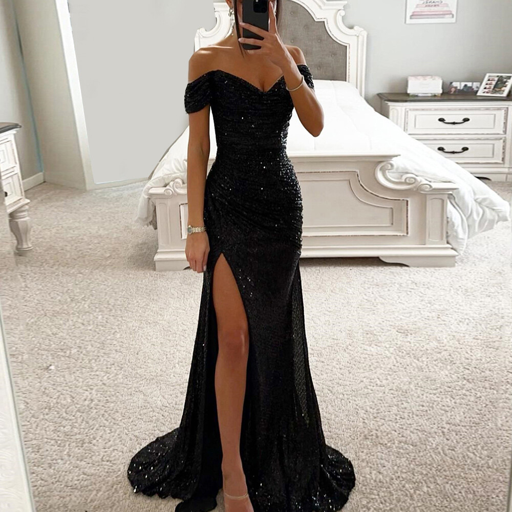 SAINT LAURENT Abito Da Sera Lungo Con Paillettes Da Donna Con Spalle Scoperte Abito Da ☆