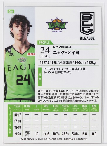 NICK MAYO (LEVANGA) -2021 B.LEAGUE Basketball Trading Card 1st Half - Picture 3 of 3