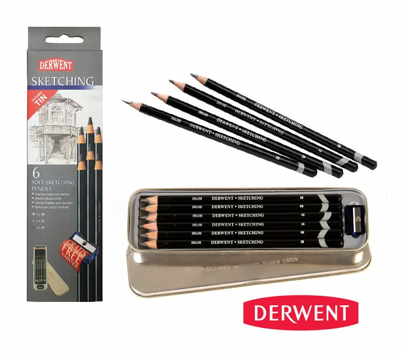 6 Derwent Sketching Künstler-Bleistifte Skizzierstifte in der Metalldose B-Ware