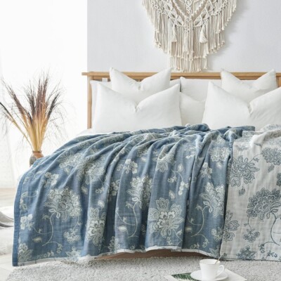 NEW Anthropologie Boho Floral Muslin Reversible Throw Blanket Quilt 60'' x 80''