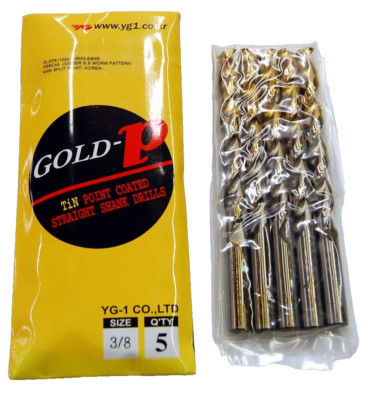 5 Pcs. YG-1 3/8'' (.3750'') M35-5% Cobalt Gold-P TiN Parabolic FL Jobber Drills