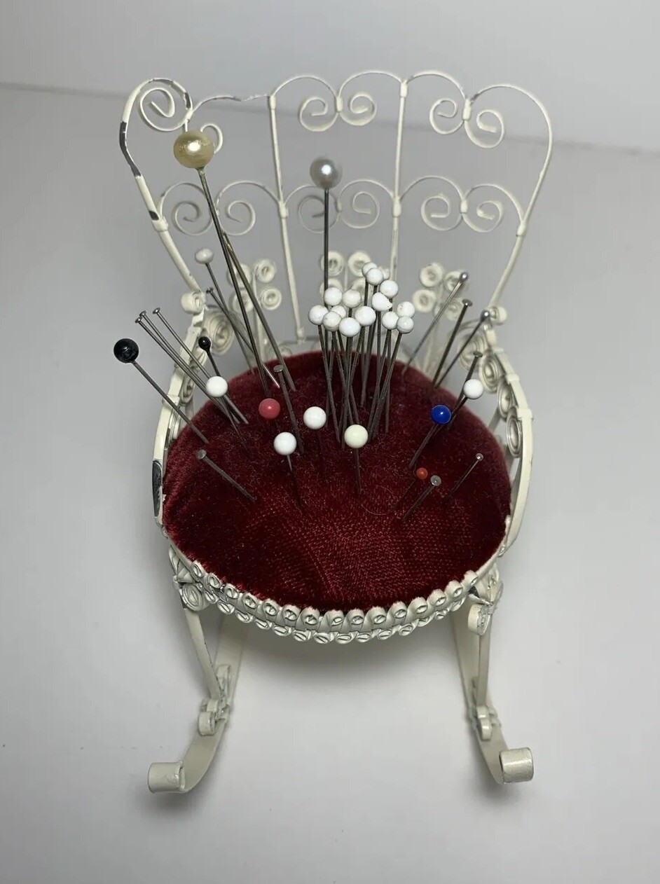 VINTAGE PIN CUSHION TIN CAN TRAMP FOLK ART CHAIR WITH RED VELVET