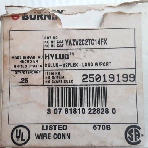 Burndy YAZV2C2TC14FX-CU Lug. 2 Flex-Long w/port-1/4in (5pcs) NEW. Free Shipping - Picture 2 of 3
