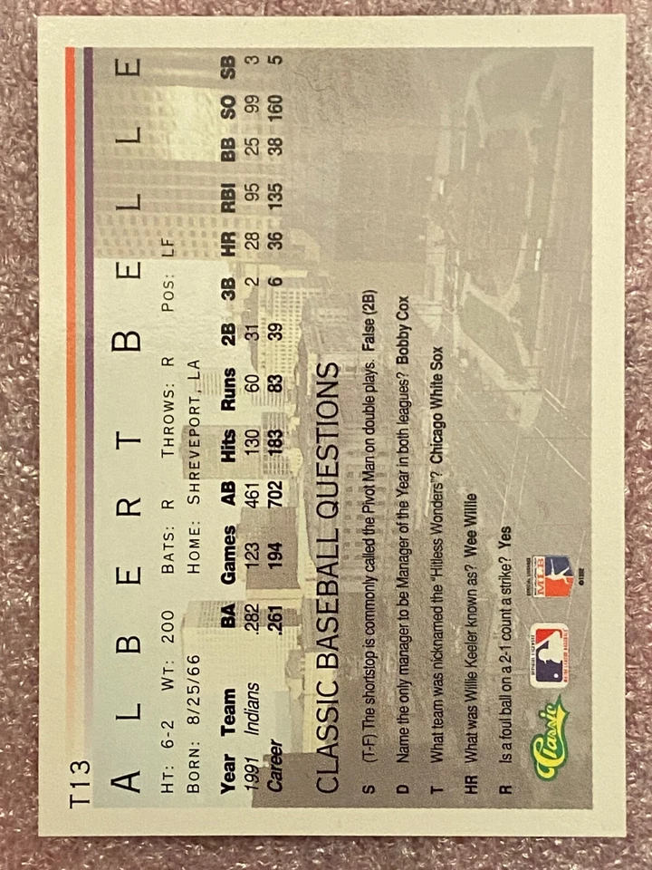 1992 Classic #T13 Albert Joey Belle Cleveland Indians - Image 2 of 2