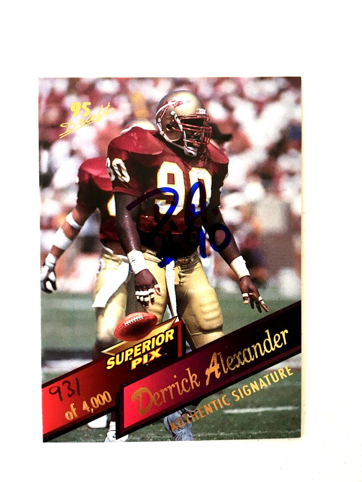 Derrick Alexander 1995 Superior Pix Autographs #90 RC DE Vikings Seminoles /4000