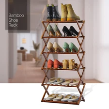 Entryway 20"Brown Bamboo [FOLDING SHOES RACK] 6-Tier Boots Flats Storage Shelves