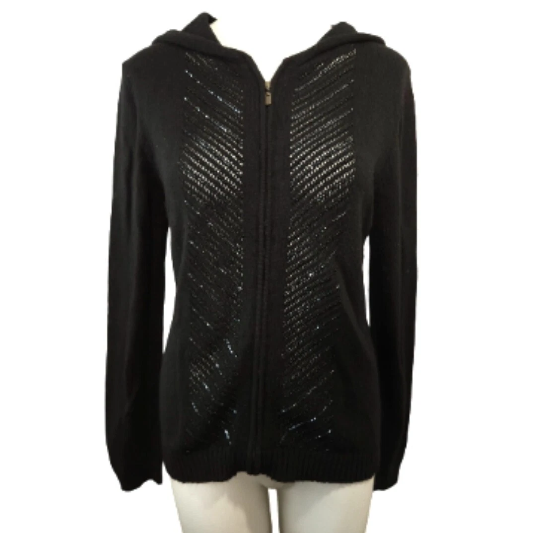 Jones New York Womens Sweater Jacket Sz M Black Hooded Bead Bling Full Zip Soft