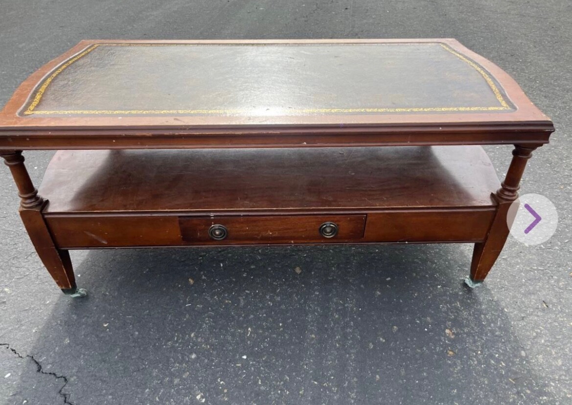 Coffee Table 1958 Hollywood Regency Mahogany Tooled Leather Top