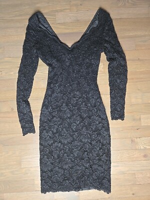 Moda International Intl Short Black Dress Sz 10 Lace USA Womens Mesh Tight  Vtg