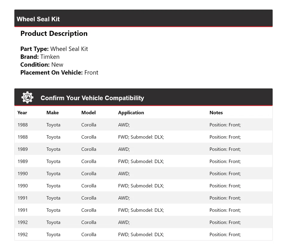 Комплект уплотнений для передних колес Toyota Corolla 1988-1992 годов выпуска Timken 1989 1990 1991 годов выпуска - Изображение 2 из 4