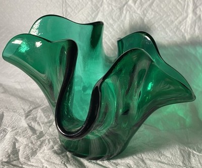 Vintage Murano Glass Emerald Green Free Form Abstract Bowl Vase