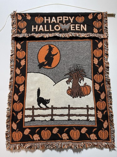 MWW 1991 Happy Halloween Tapestry Woven Door Wall Hanging Vintage Witch Moon Cat - Bild 4 von 5